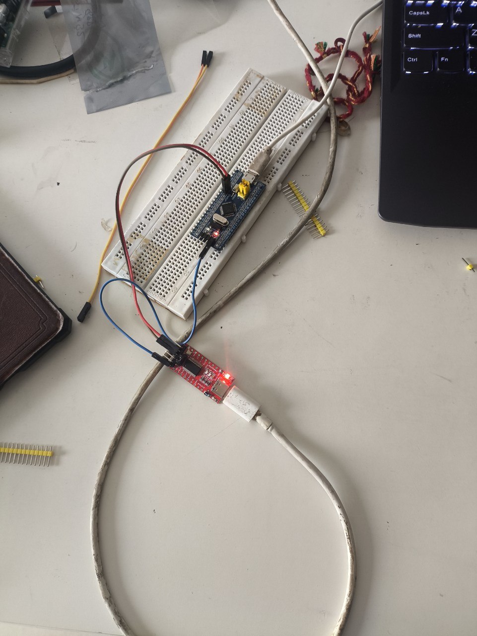 The Blue Pill on a breadboard wired to the HW-417C adapter, both boards powered over USB